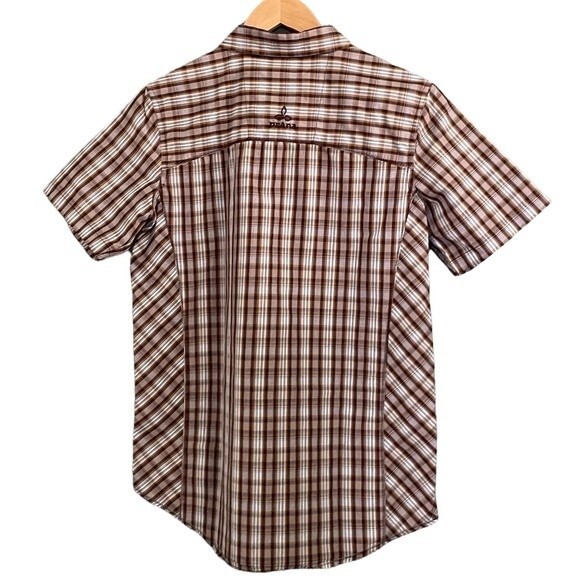 PrAna Mens Top Organic Cotton Brown Plaid Short Sleeve Snap Shirt Size Small - Picture 2 of 9